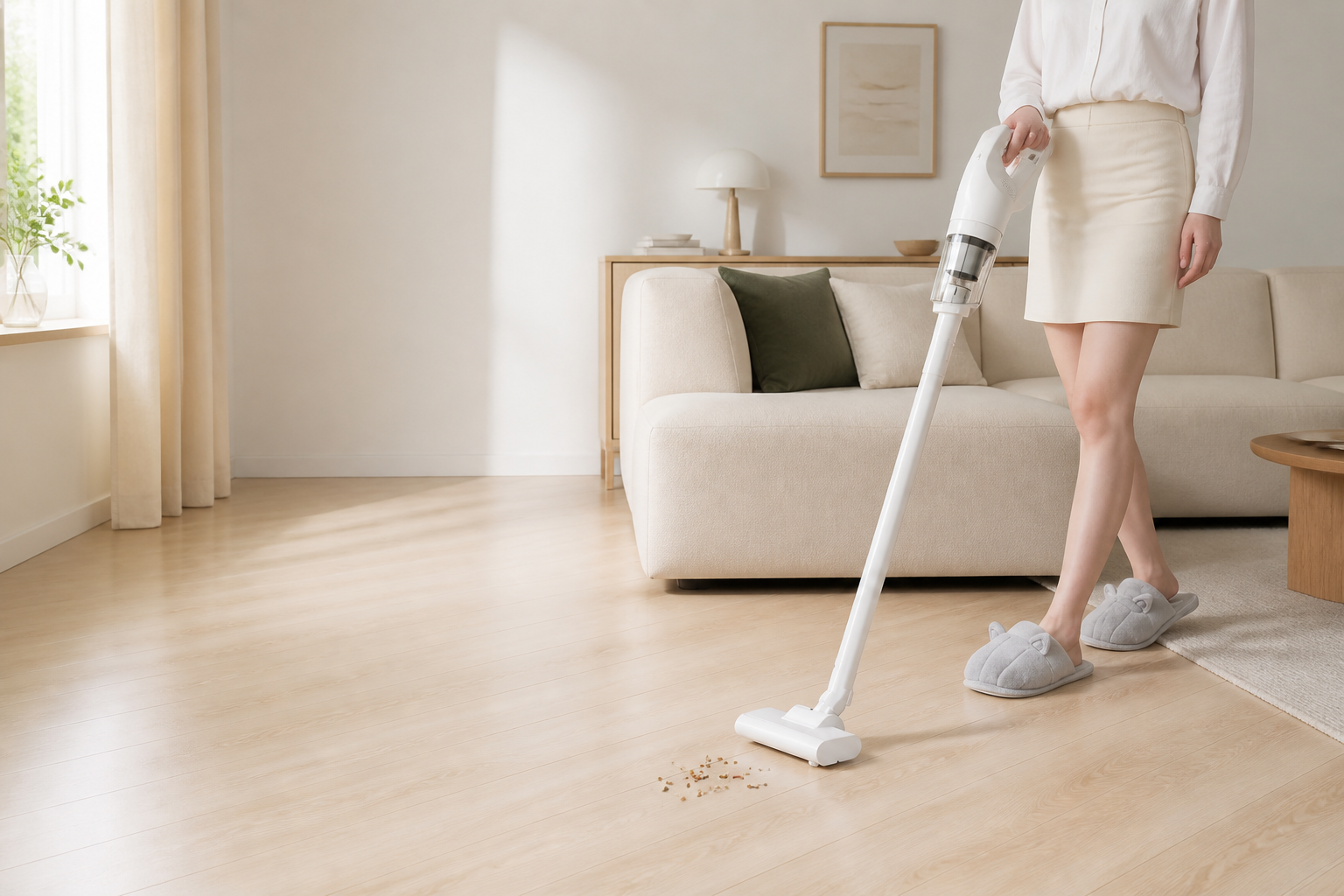 Persona utilizando el aspirador inalámbrico PureClean en un salón